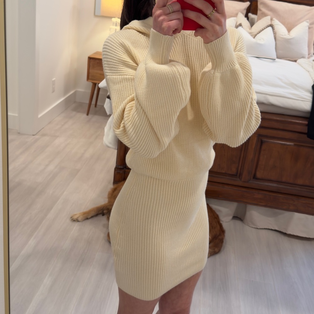 Long Sleeve Sweater Hooded Puff Sleeve Knitted Mini Dress